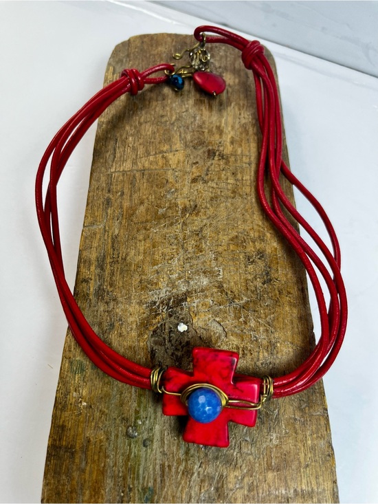 Handmade Jewelry - Handcrafted Red Cross Pendant Necklace with Blue Accent and leather cords $30